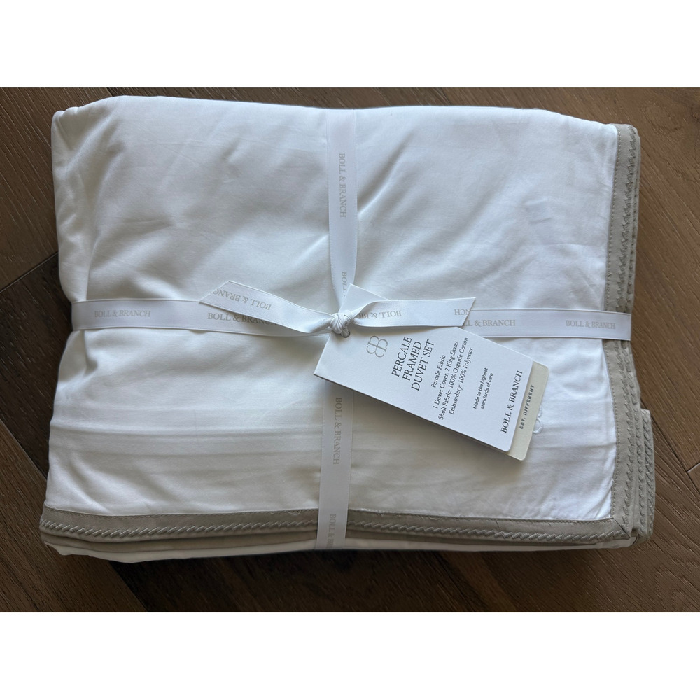 New Boll & Branch Luxury Framed Percale King Duvet Set White & Oak